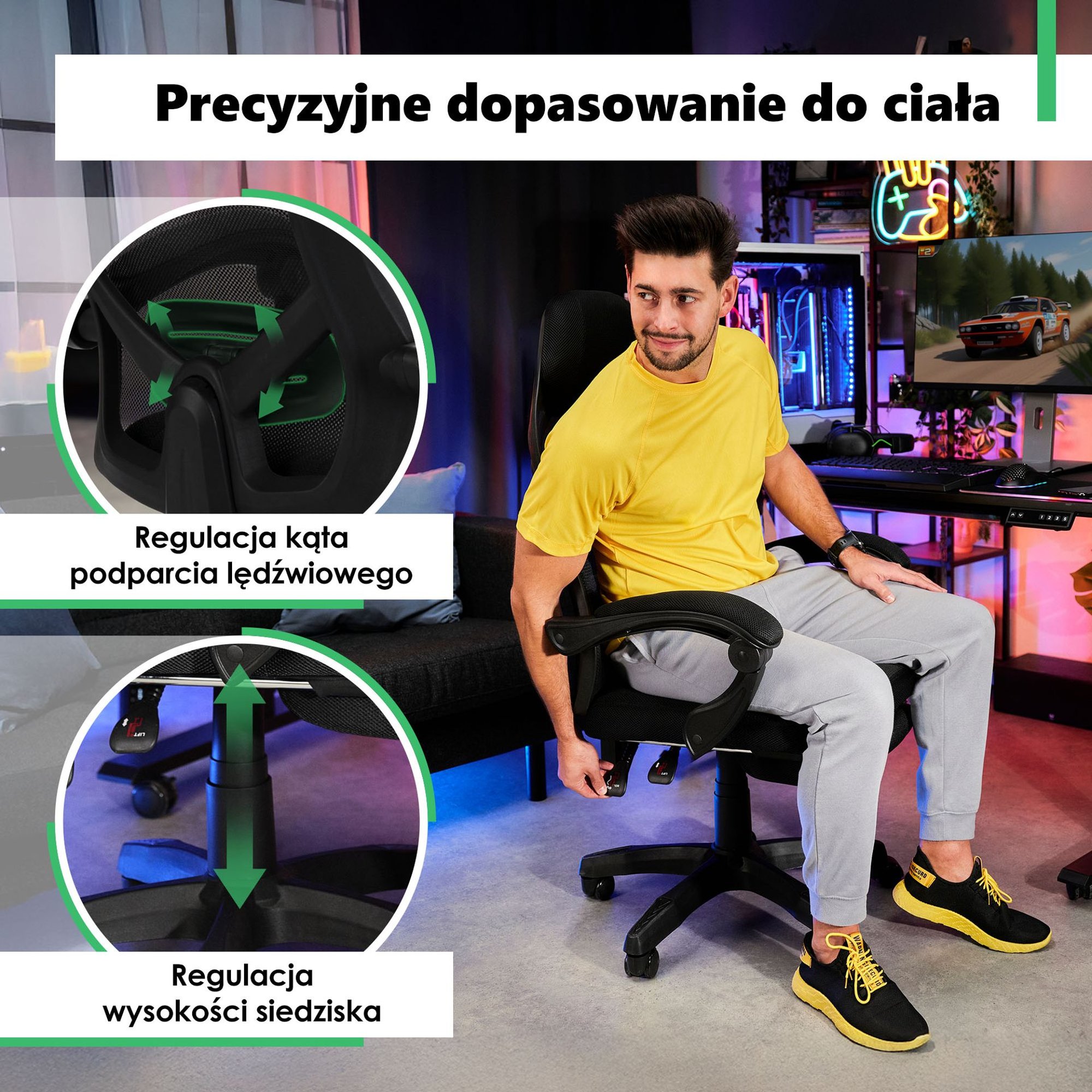 Z myślą o Twoim zdrowiu i wygodzie, fotel obrotowy Sporte wyposażyliśmy w ruchome podłokietniki 