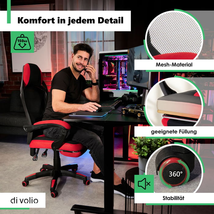 Gamingstuhl Bürostuhl mit Fußstütze Sporte Rot von vorne