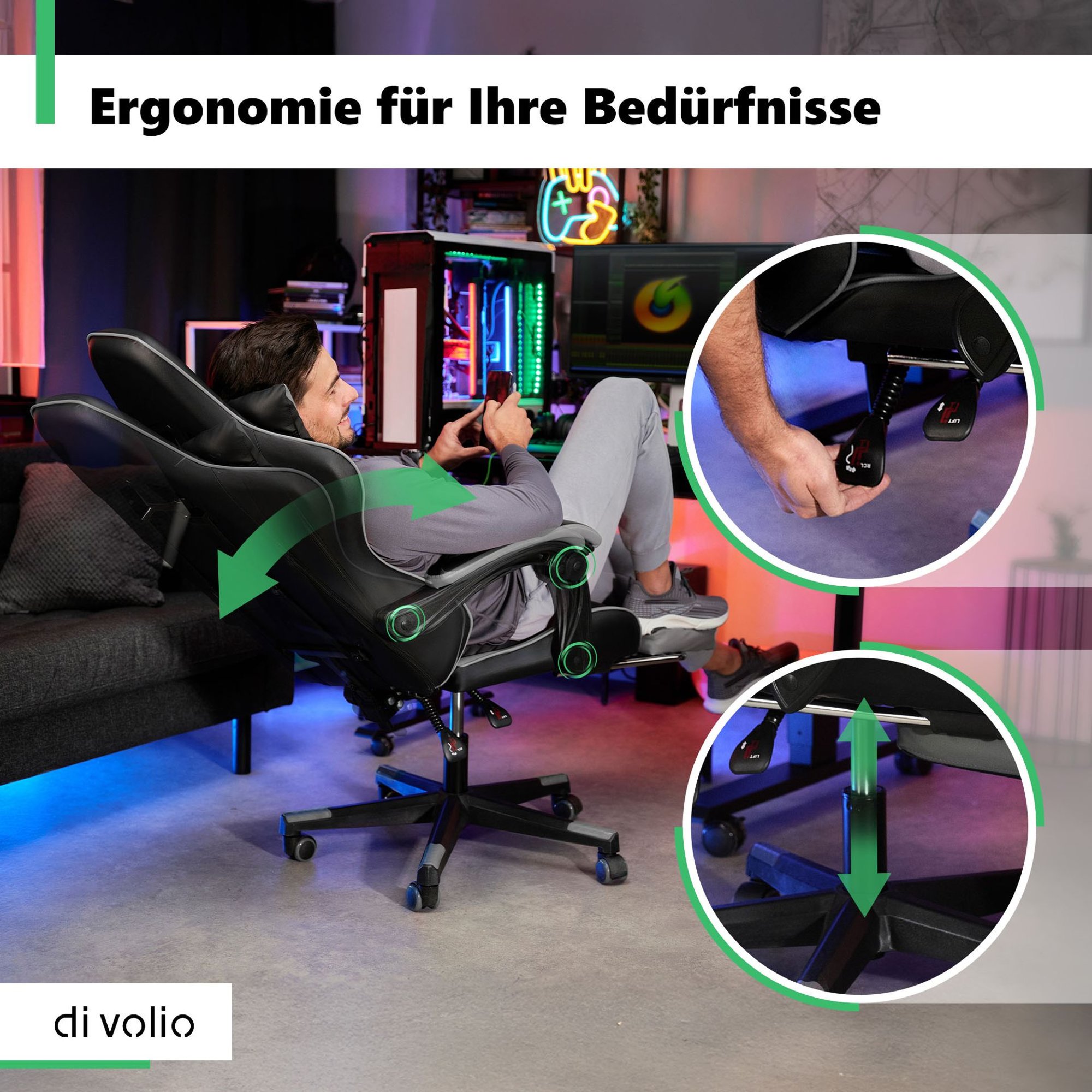 Griff zum Einstellen von Sitzhöhe und Rückenlehnenwinkel
