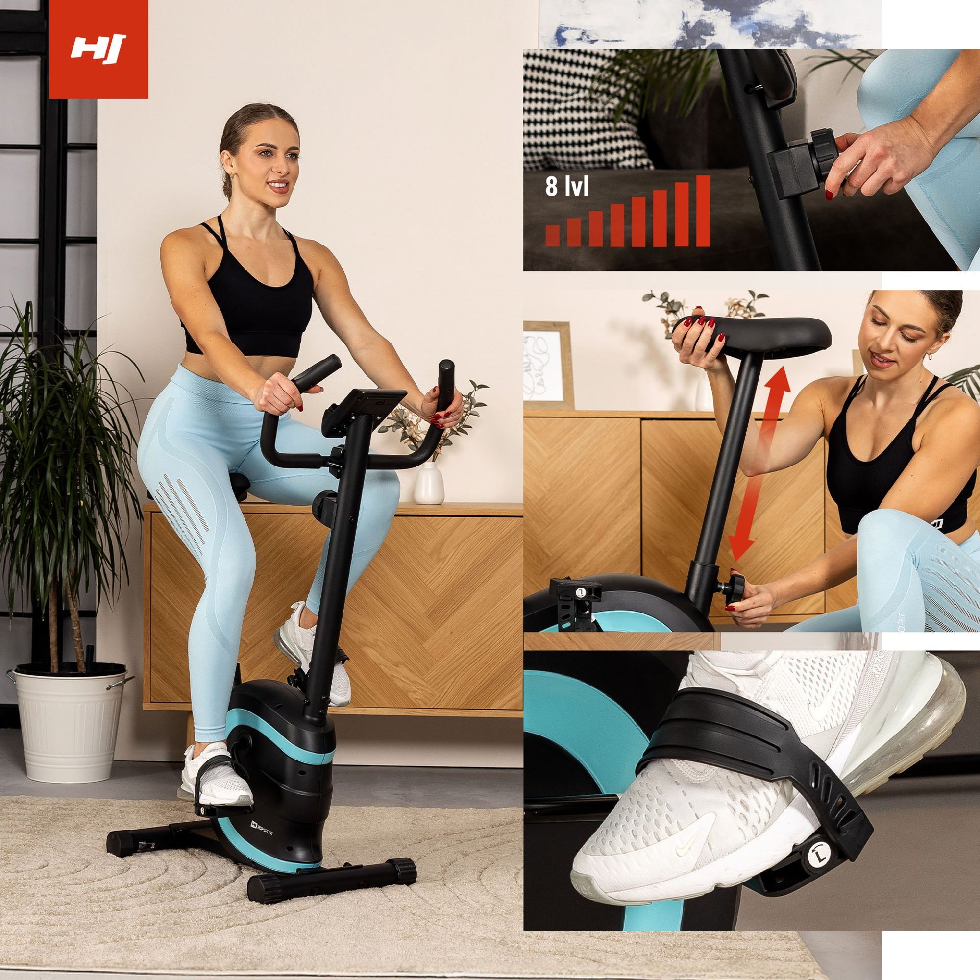 Manuelle Widerstandseinstellung mit 8 Stufen, verstellbarer Sitz und rutschfeste Pedale beim Hometrainer Vox