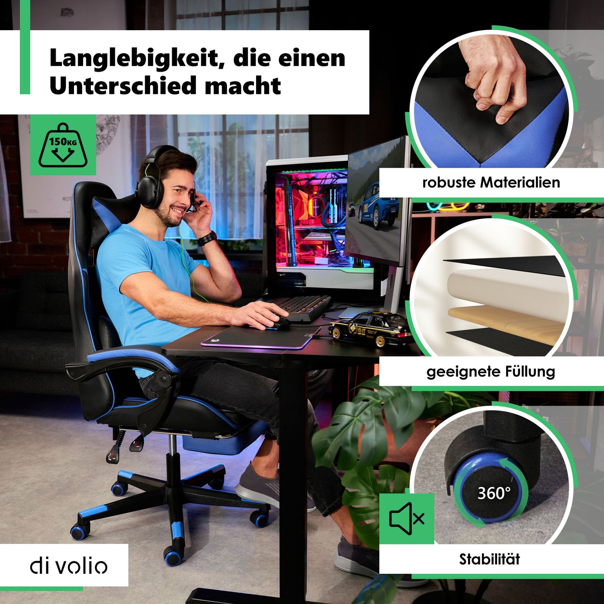 Drehstuhl Ragazo mit Rollen, Kopfstütze und Fußstütze in Blau