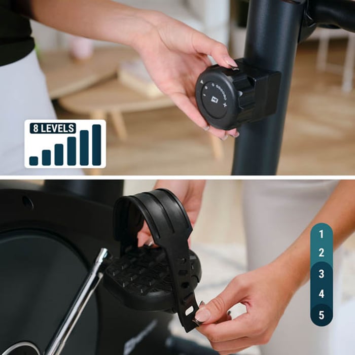 Manuelle 8-stufige Widerstandseinstellung und Pedale mit verstellbaren Sicherheitsgurten