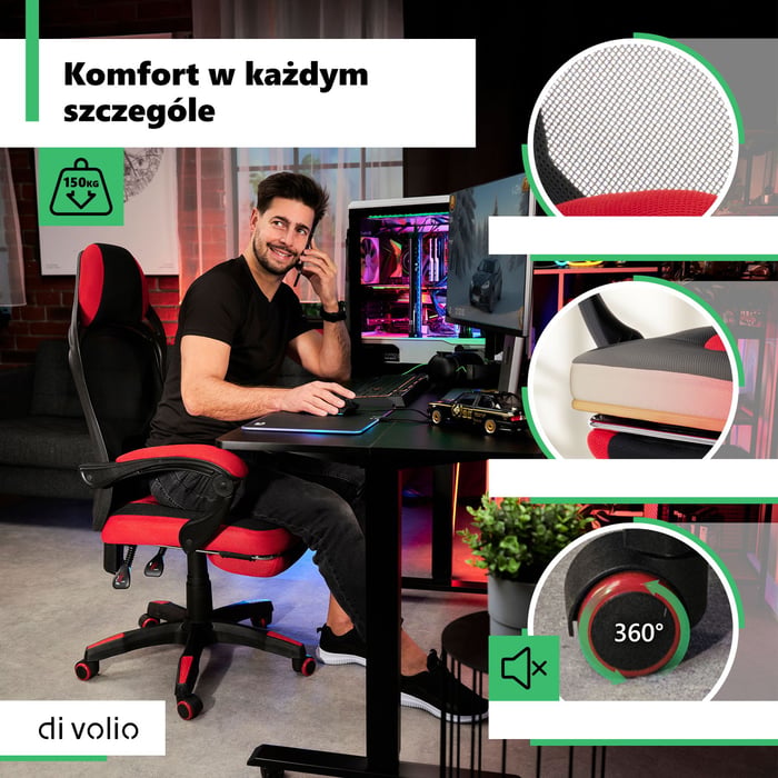 Materiał mesh, z którego wykonano oparcie, zagłówek oraz podnóżek