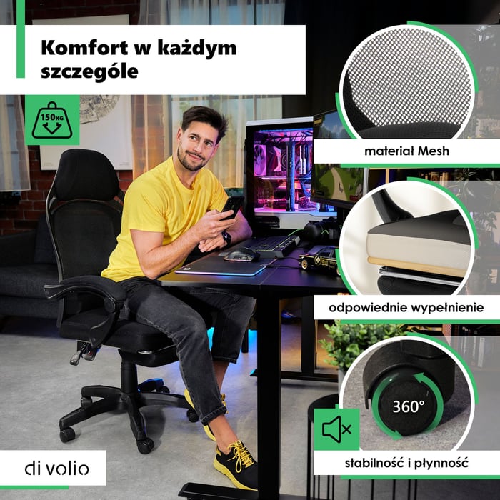 Materiał mesh, z którego wykonano oparcie, zagłówek oraz podnóżek,