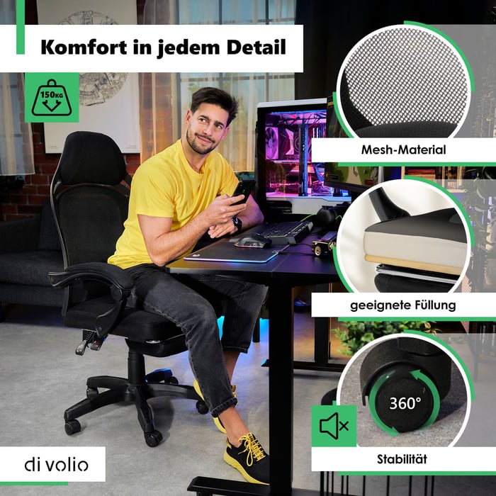 Gamingstuhl Bürostuhl mit Fußstütze Sporte Schwarz von vorne