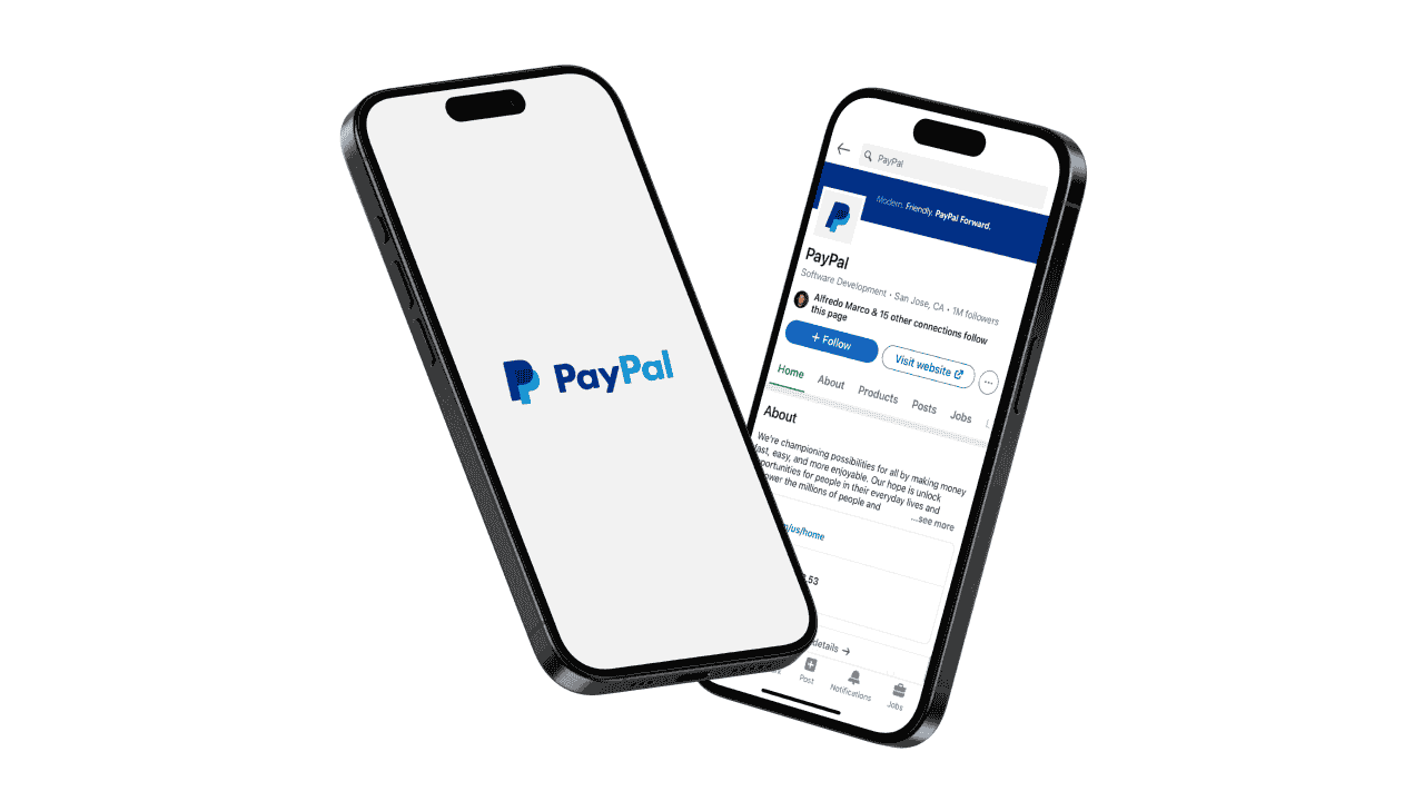 Two iPhones showing PayPal brand: logo splash screen and the PayPal LinkedIn company profile page.