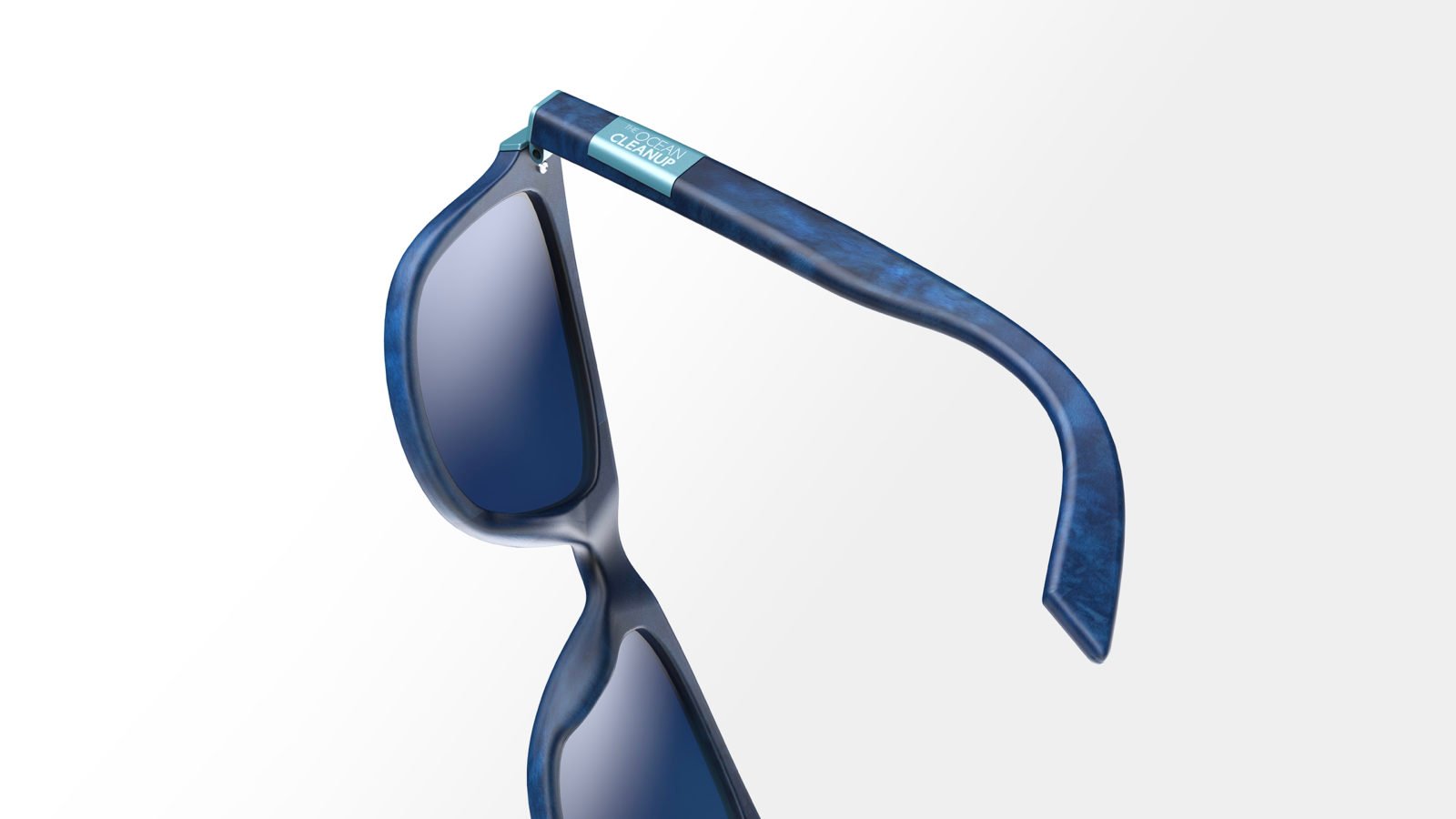 Blue-framed sunglasses with lifted lens design