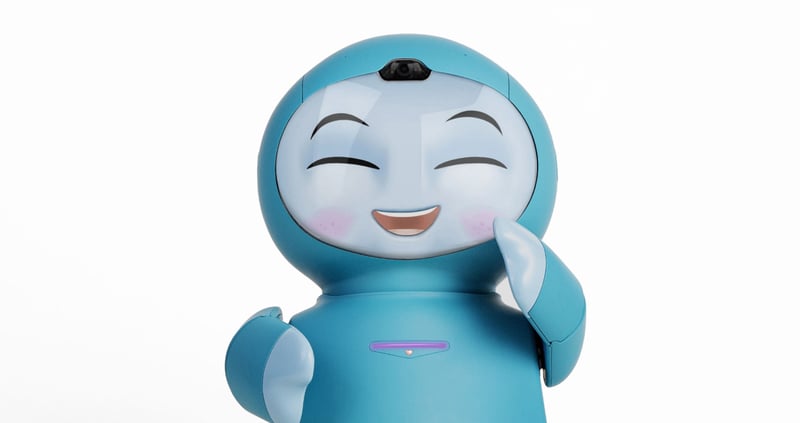 Small blue robot character on plain background