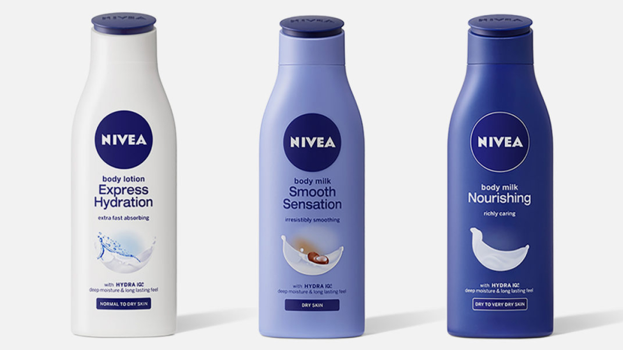 Three bottles of Nivea Express Hydration with different labels and colors.