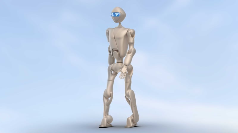 Slim silver humanoid robot against light blue