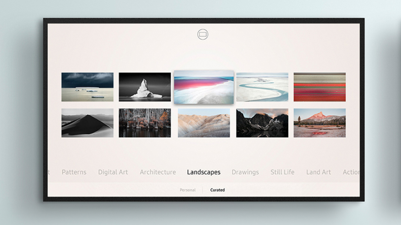 Samsung Art Store interface on The Frame TV showing a grid of curated artworks for Art Mode.