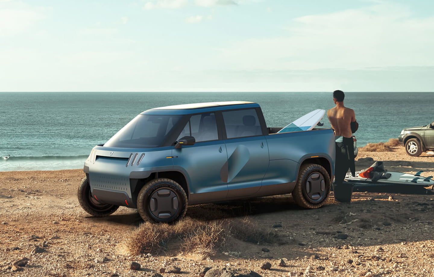 TELO MT1 blue electric truck on beach