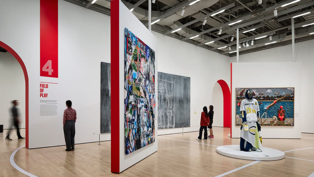 SFMoMA exhibit gray walls with red partition