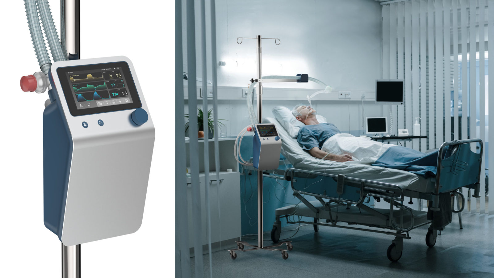 CoVent ventilator on a stand in a hospital room beside an elderly patient resting in bed connected to the device