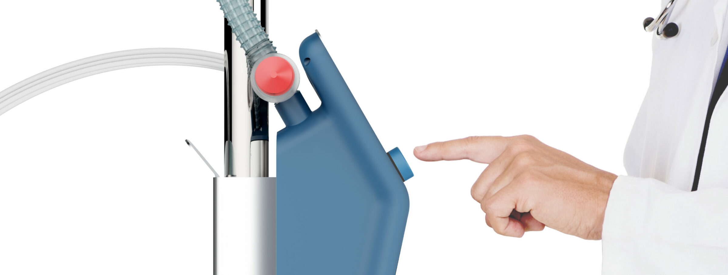 Doctor in a white coat pointing at the CoVent emergency ventilator, a blue medical device with tubing and a red emergency but