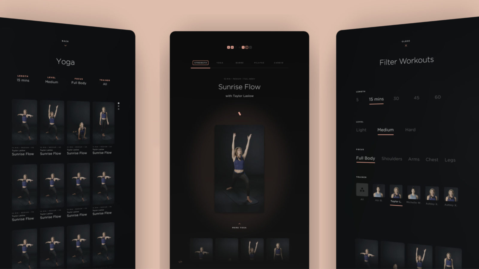 Three Forme Life mirror interface screens showing Yoga class options, the Sunrise Flow session with instructor Taylor Laslow,