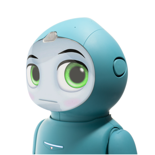 Friendly blue robot face with green eyes