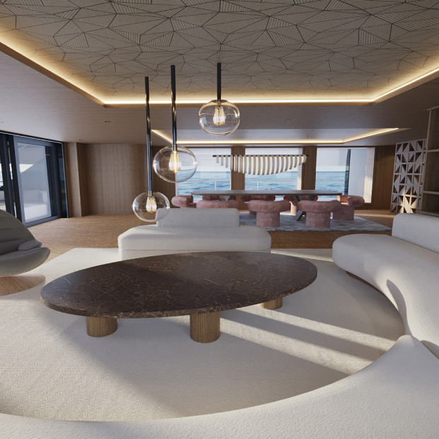 Modern yacht living room with curved sofa