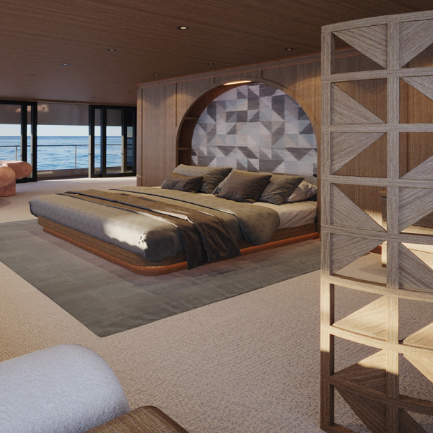 Yacht bedroom with geometric patterned headboard wall
