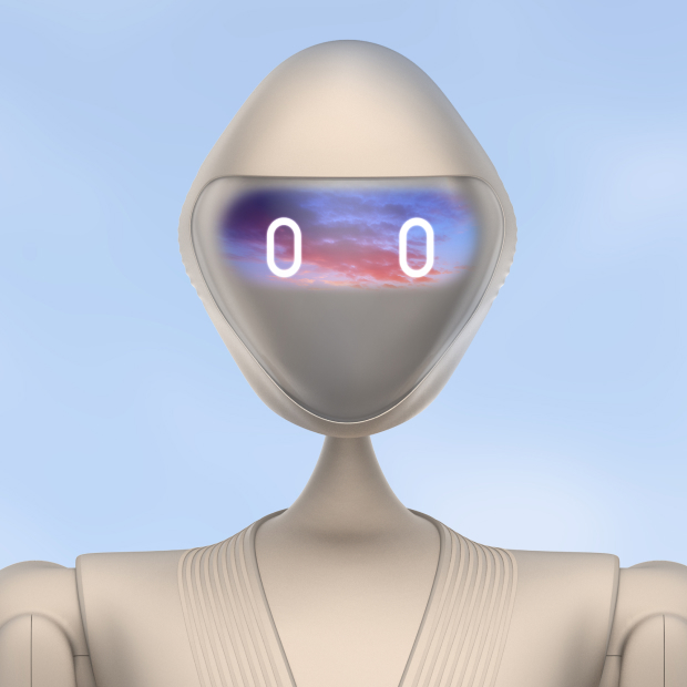 Kindred humanoid robot concept with beige body and visor displaying glowing eyes against a soft sky background.