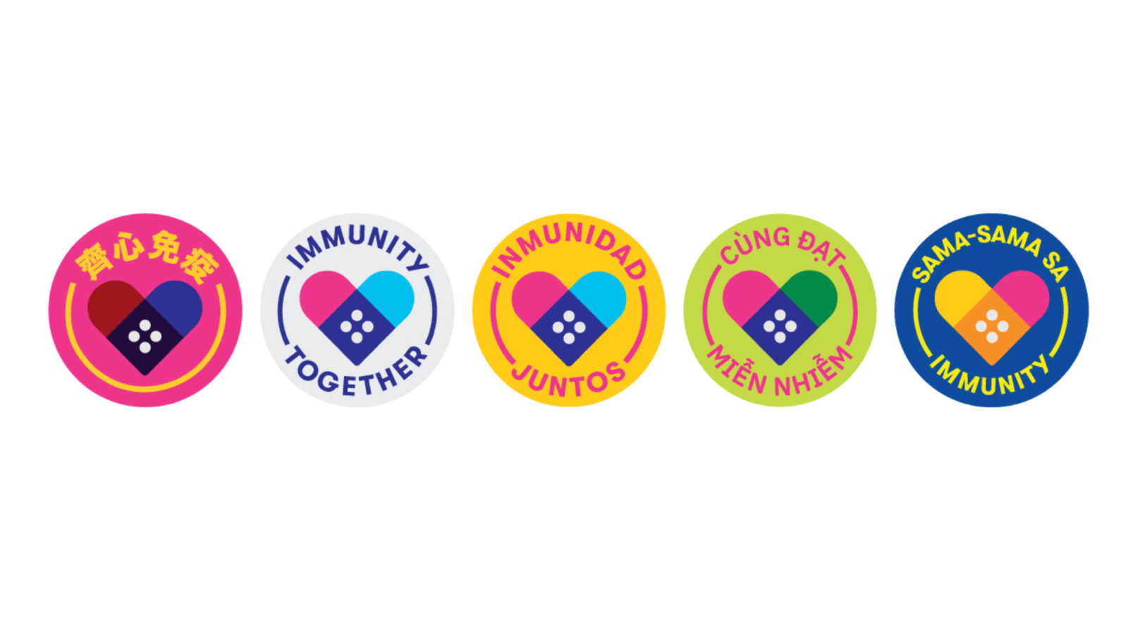 Six colorful Immunity Together heart stickers