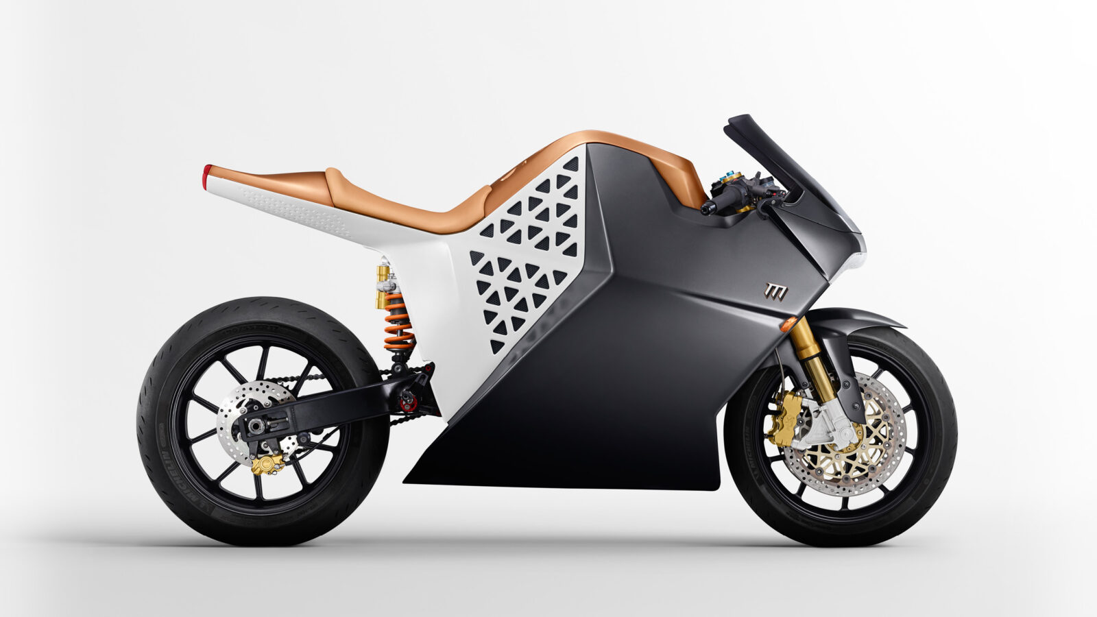 Mission Motors Black and white motorcycle with streamlined body on plain background