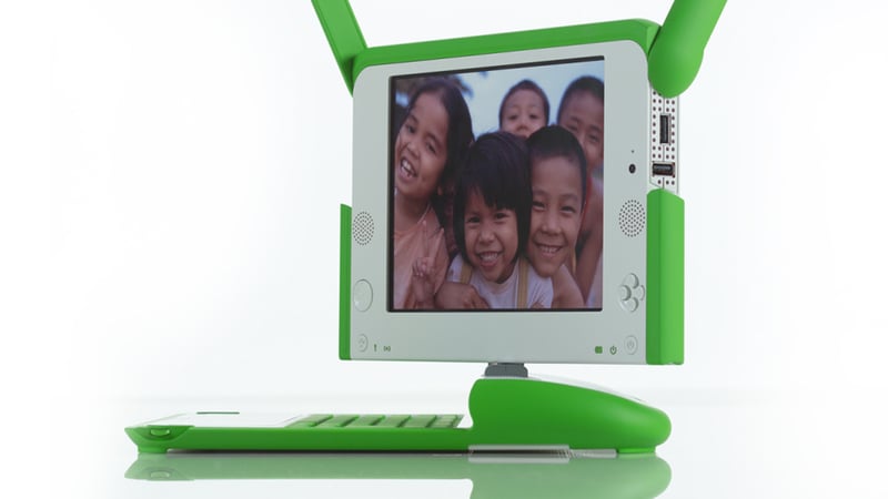 OLPC laptop screen showing two children