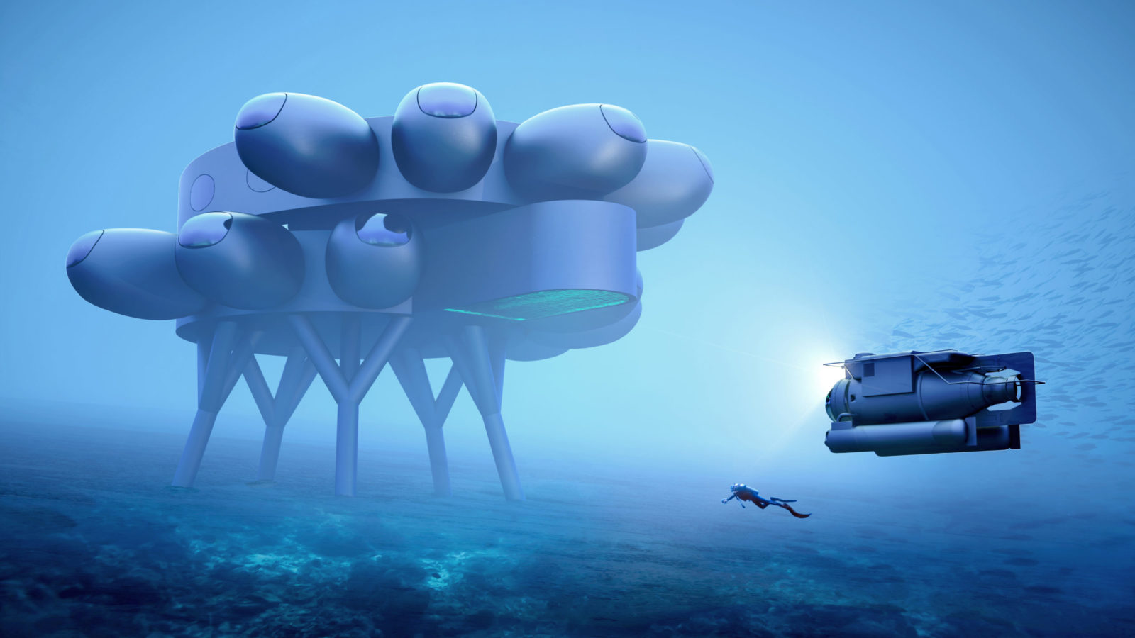 Concept rendering of the Proteus underwater research habitat, a multi-pod modular station on the sea floor with a diver and a