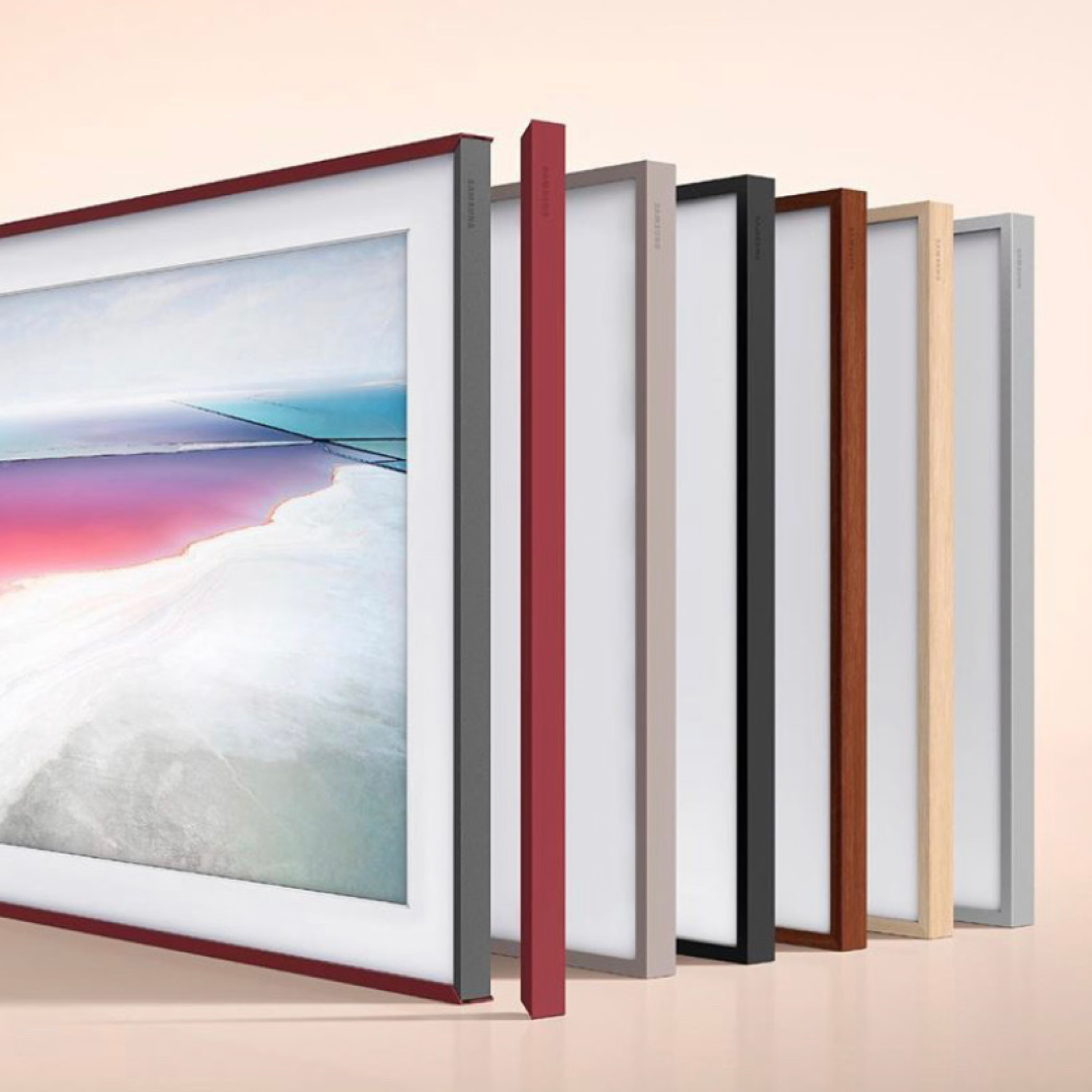 Six framed artworks in various colors and subjects on a neutral background