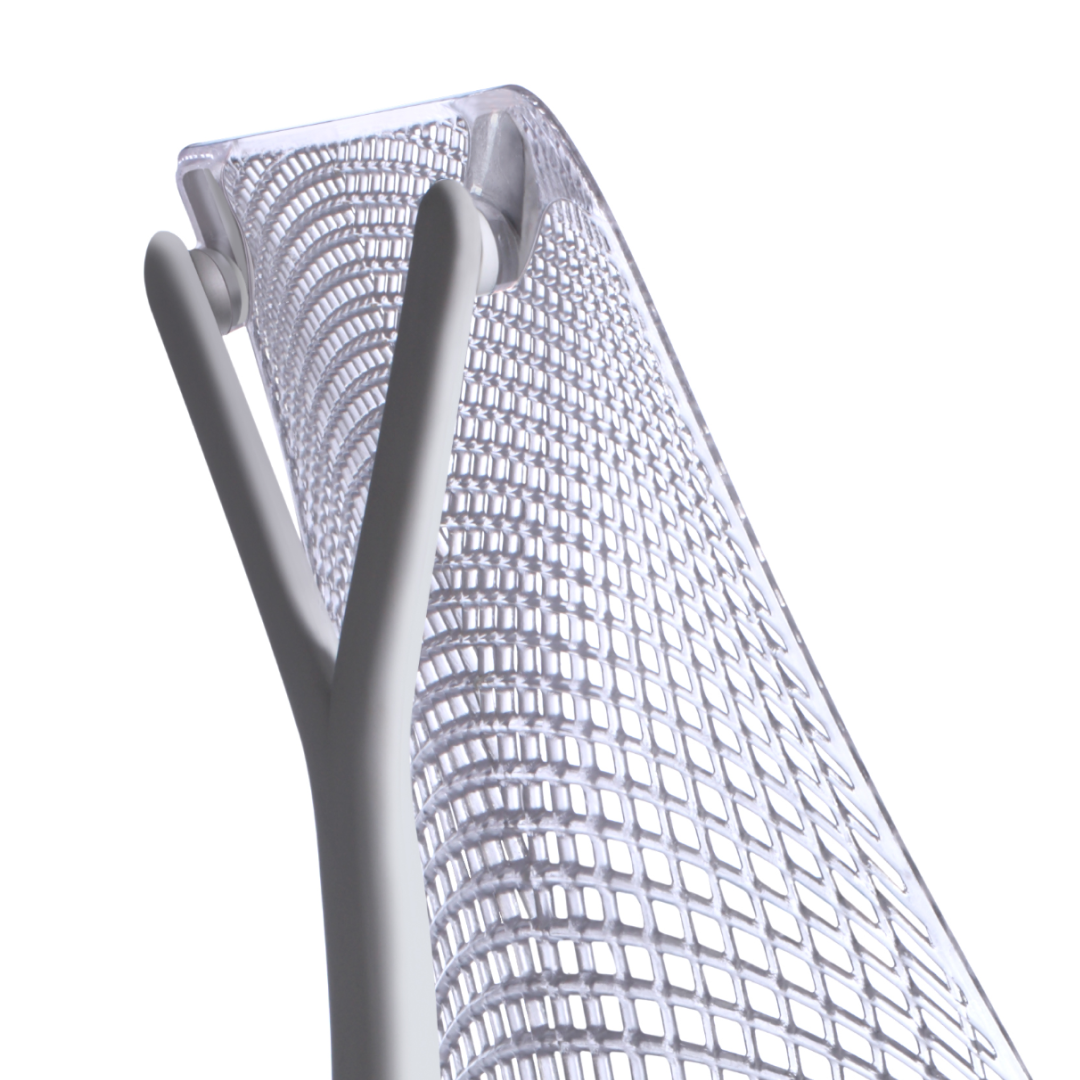 Clear plastic chair with woven-patterned backrest and black metal rods