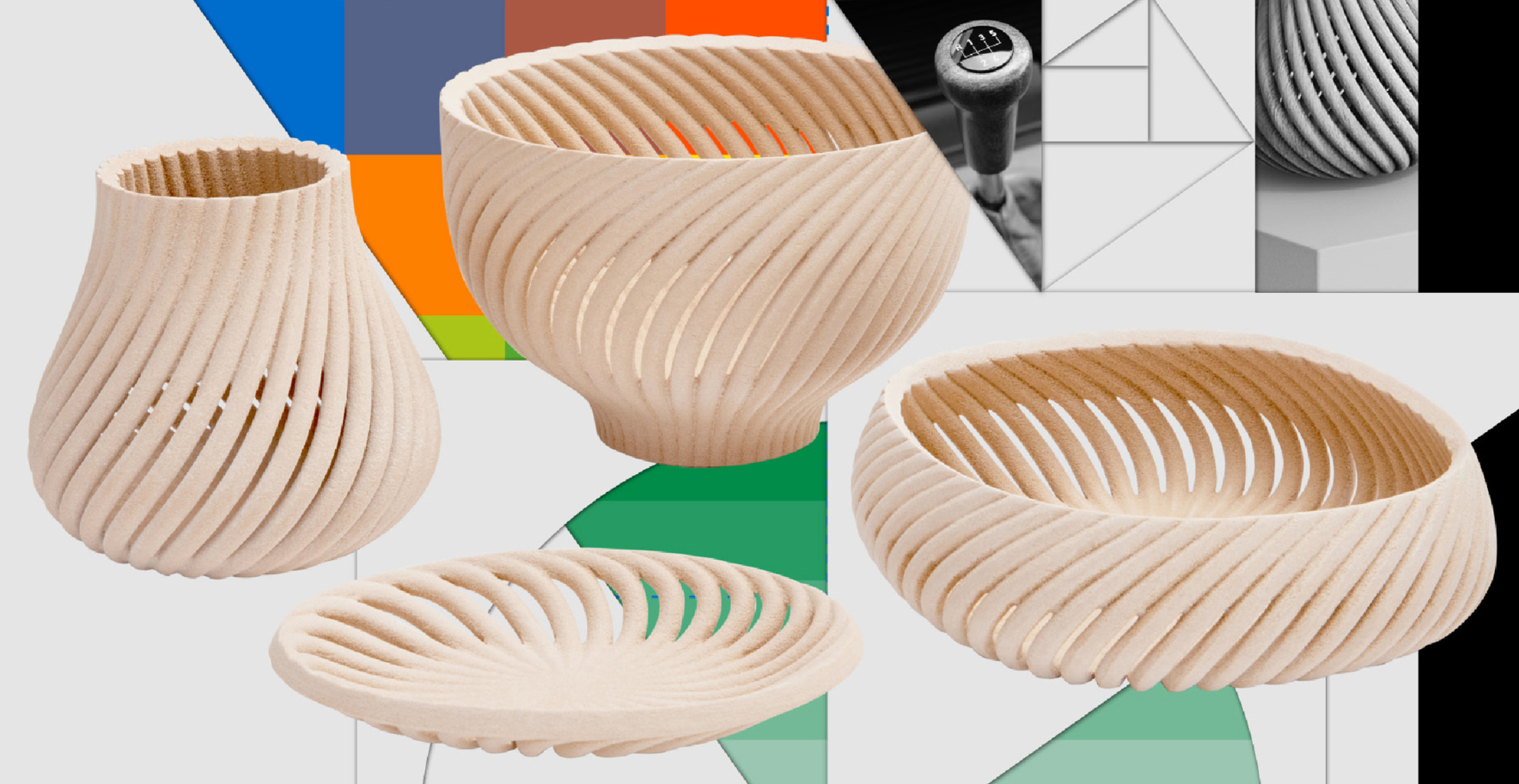 Wooden sculptures in various sizes and orientations, with a collage of smaller