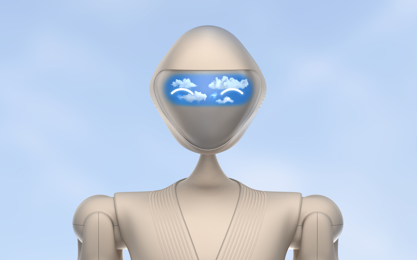Metallic humanoid robot with blue cloud chest