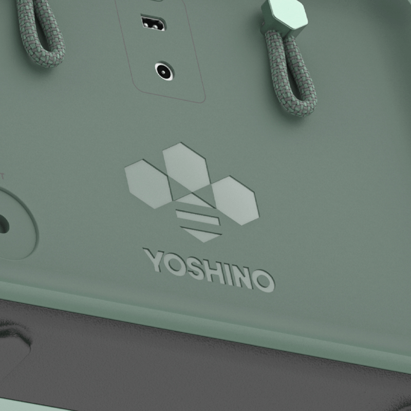 Green hexagonal logo with white outline and red dot, containing 'Y' and 'YOSHINO'