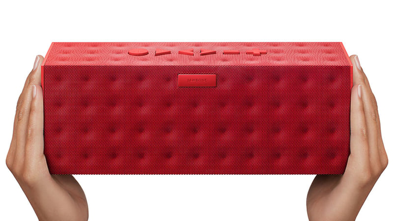 Red and black speaker on a white background