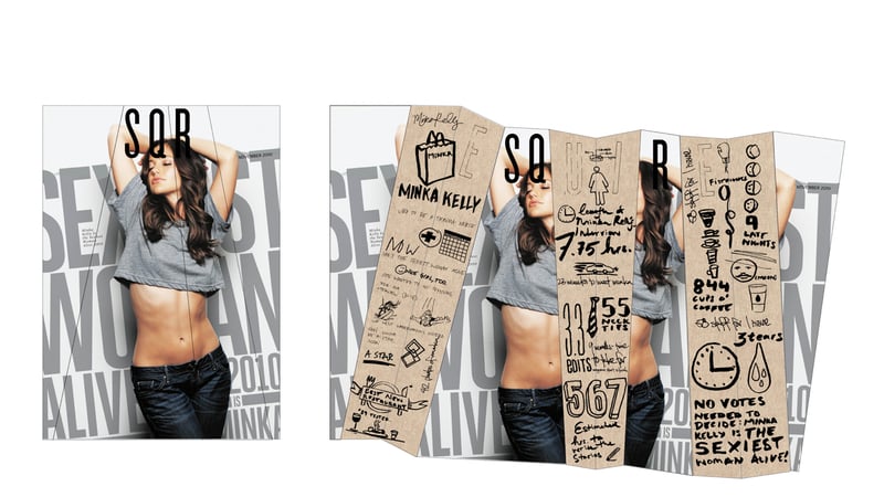 Esquire magazine November 2010 Sexiest Woman Alive spread featuring Minka Kelly with hand-drawn data infographic overlay acro
