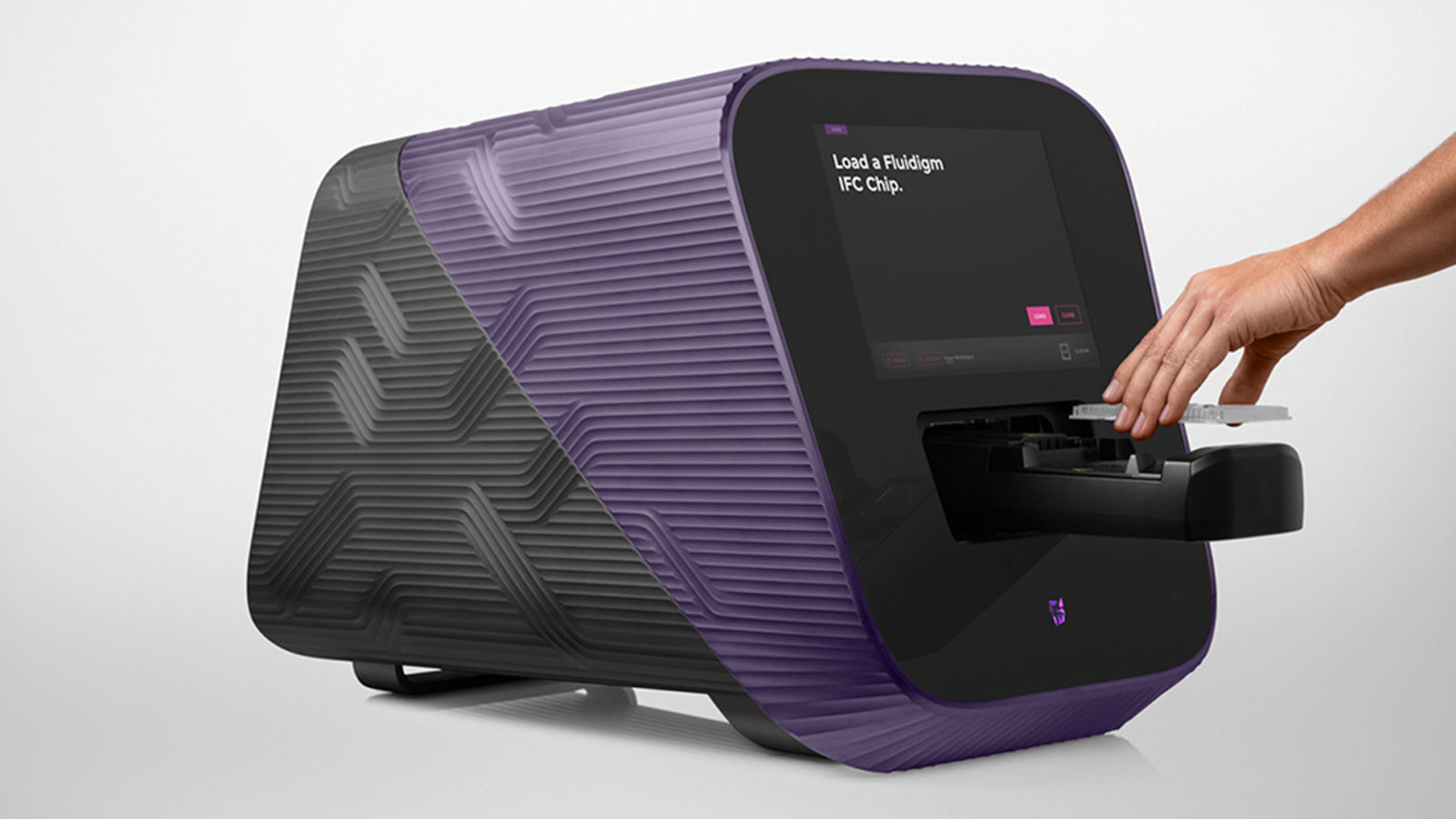 Purple and black 3D printer with digital display on white background