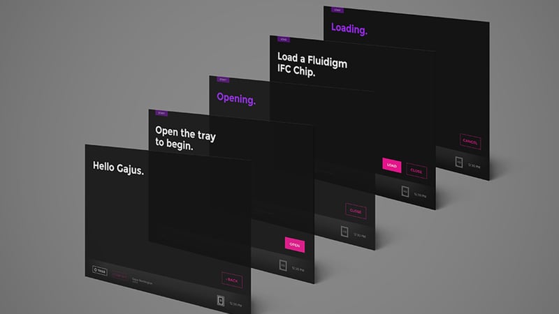 Six digital screens with varying messages on a dark background