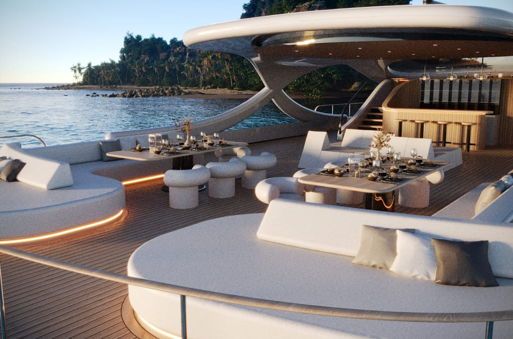Luxurious yacht interior with white sofas and rectangular tile floor