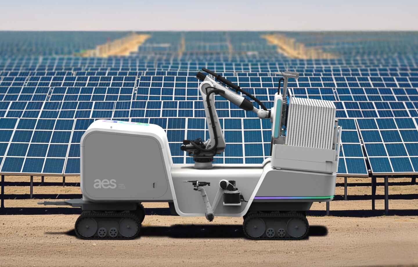 White robotic vehicle near solar panel array