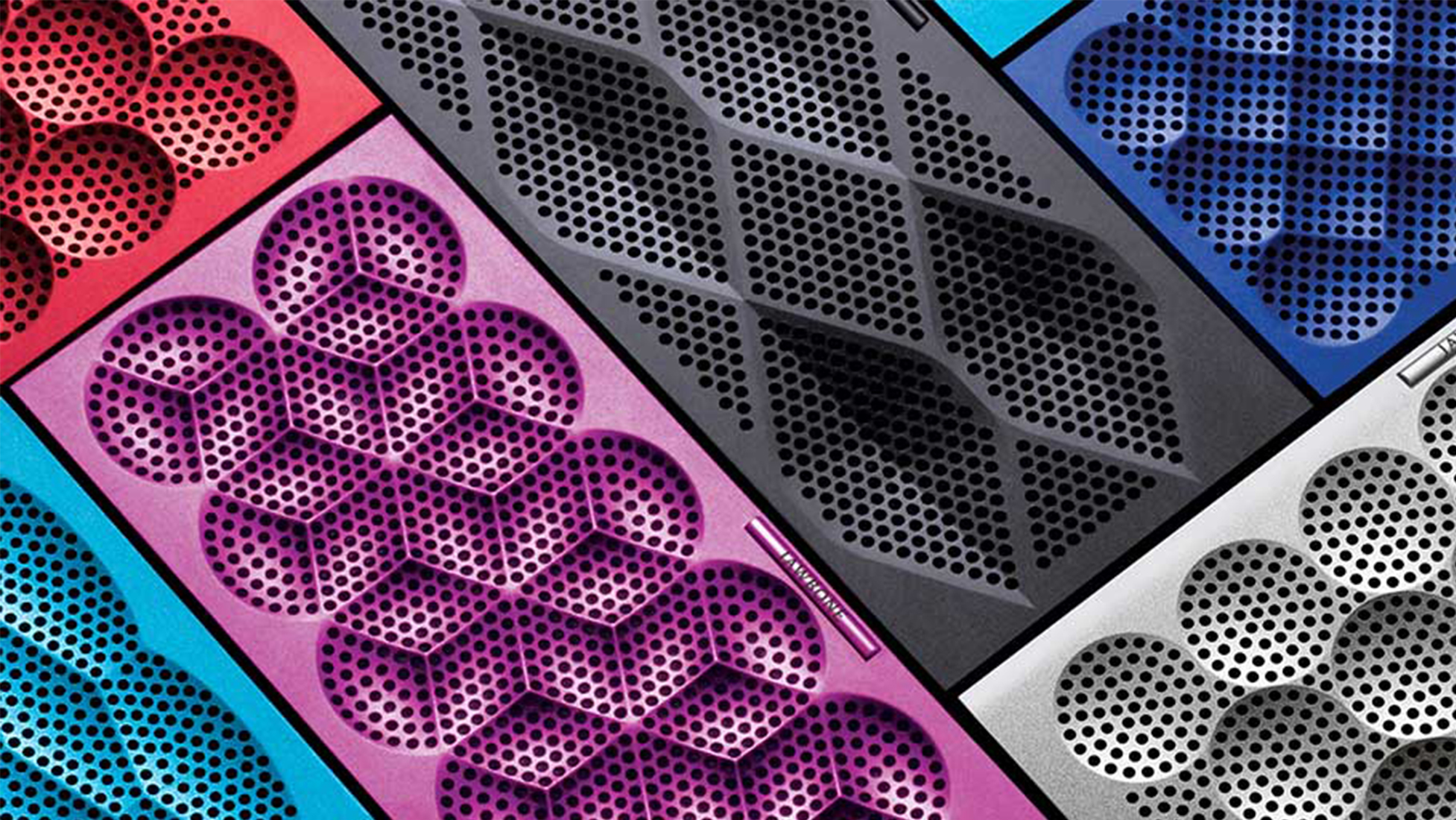 Colorful speaker grille with blue, pink, and red patterned holes