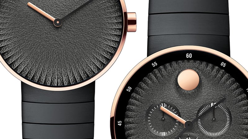 Three watches with rose gold cases and black straps, each with a