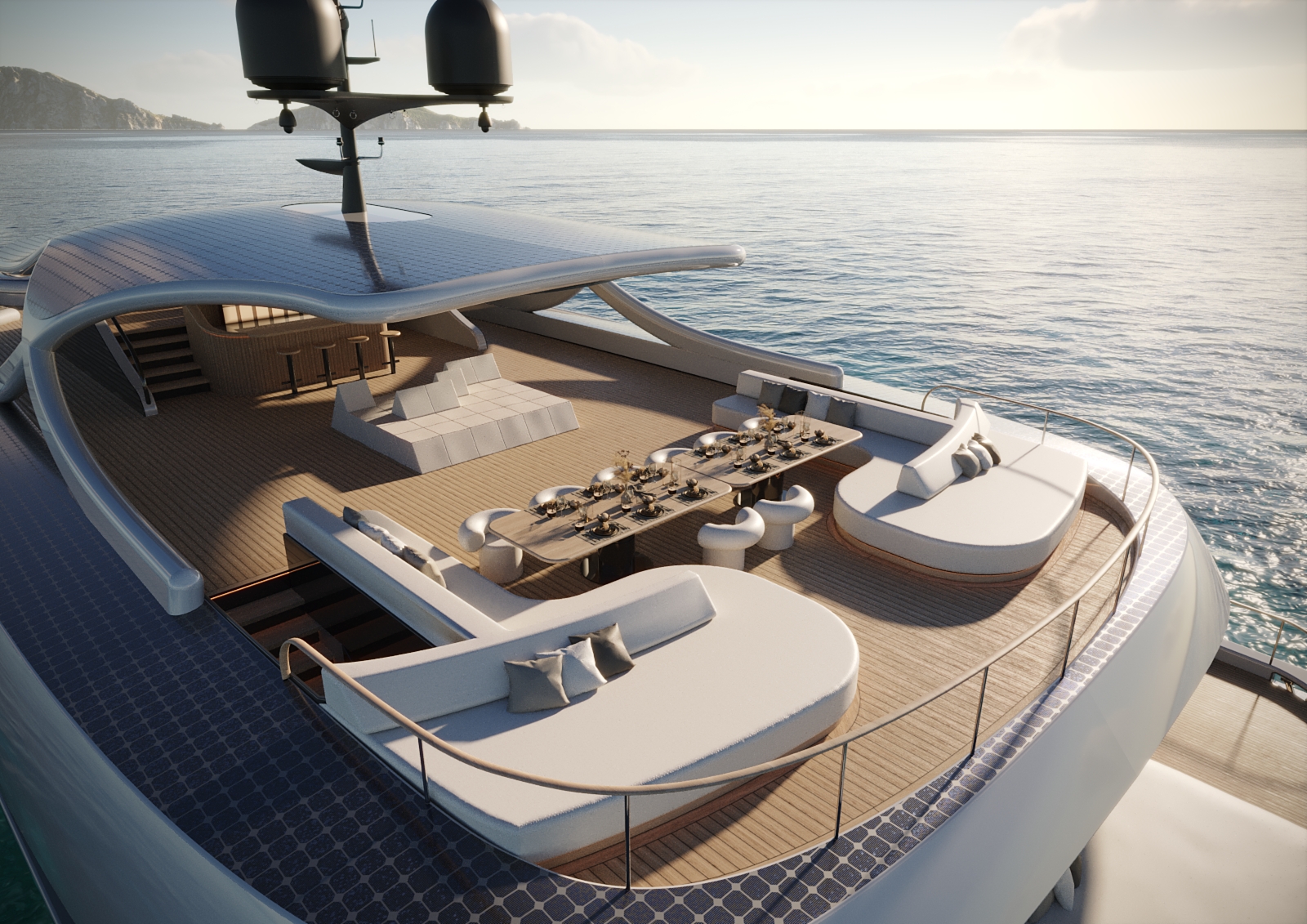Rossinavi yacht with blue accents sunny