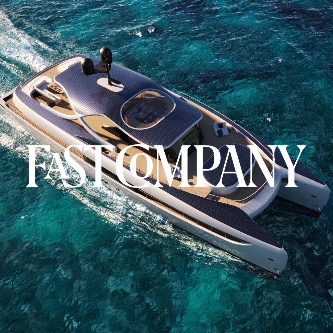 White speedboat with blue accents and two windows on a clear sky background