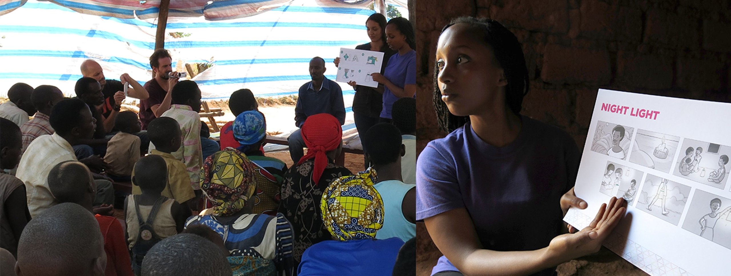 Nike Girl Effect community workshop in Rwanda with girls in head wraps gathered under striped tarp as facilitator shares Nigh
