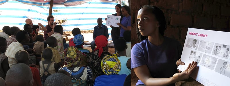 Nike Girl Effect community workshop in Rwanda with girls in head wraps gathered under striped tarp as facilitator shares Nigh