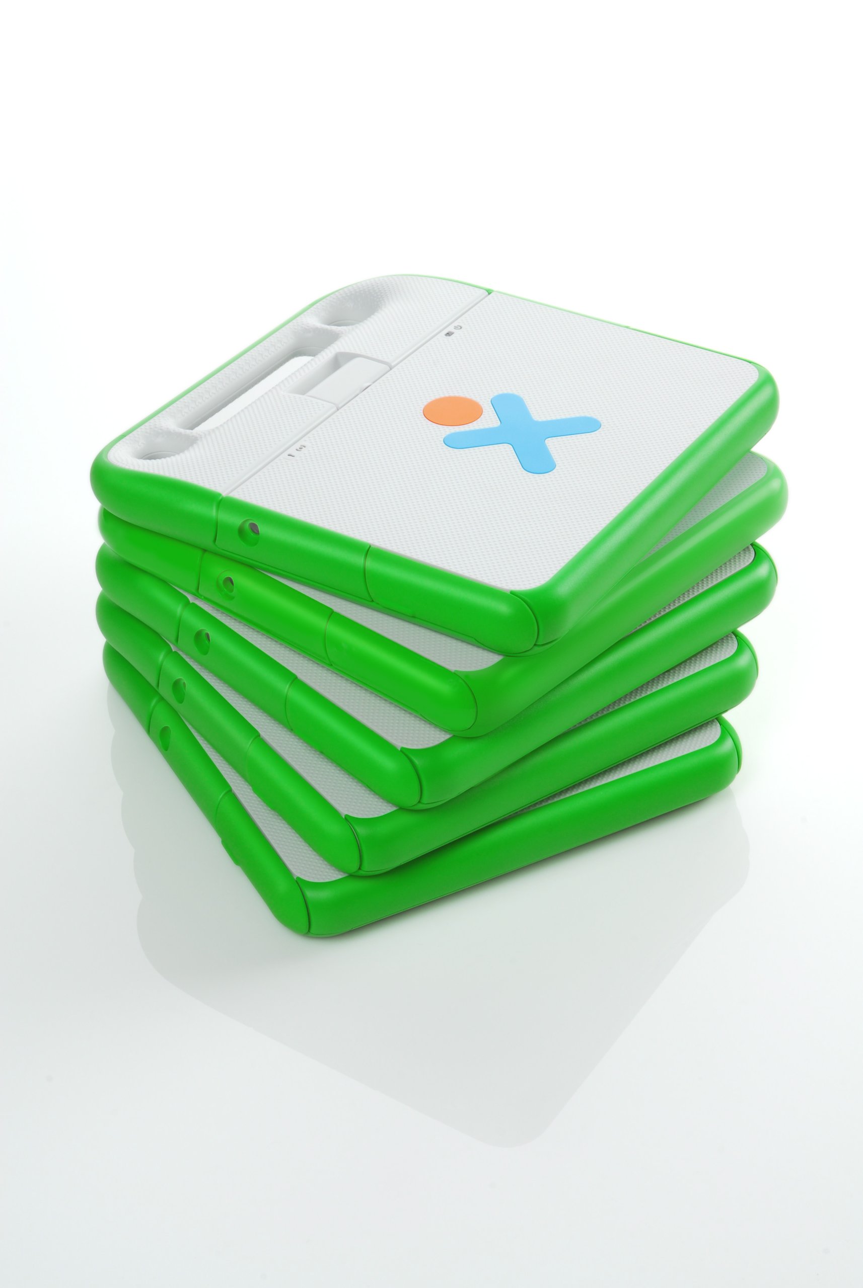 OLPC XO laptops stacked