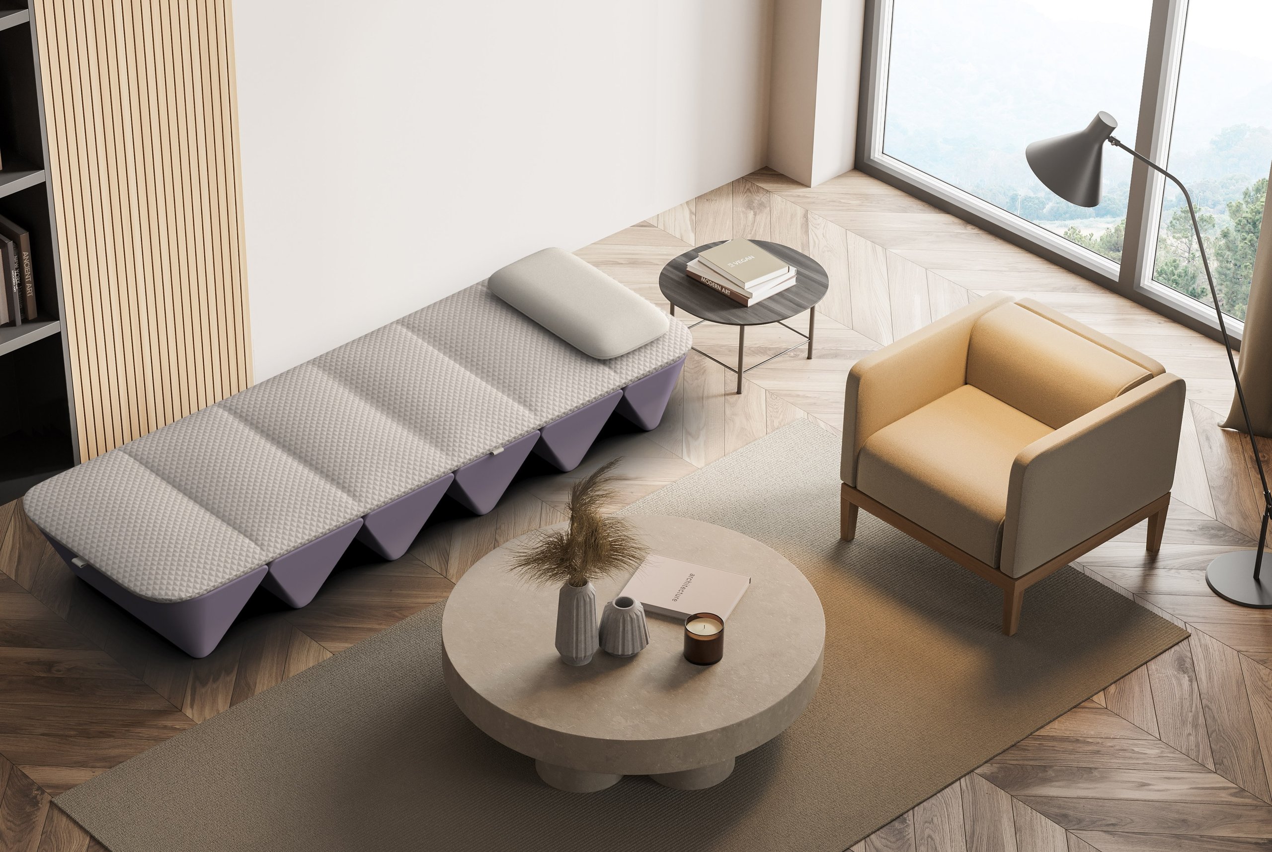 Beige room interior with armchair and sofa on wooden floor. Top view