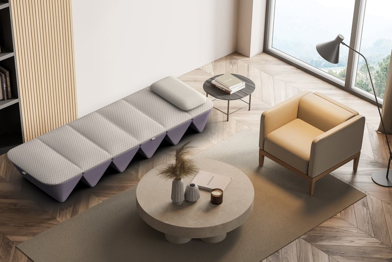 Beige room interior with armchair and sofa on wooden floor. Top view