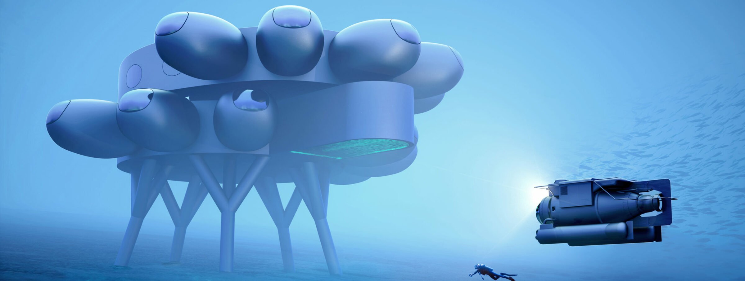 Blue and white submarine with multiple spherical modules in underwater scene