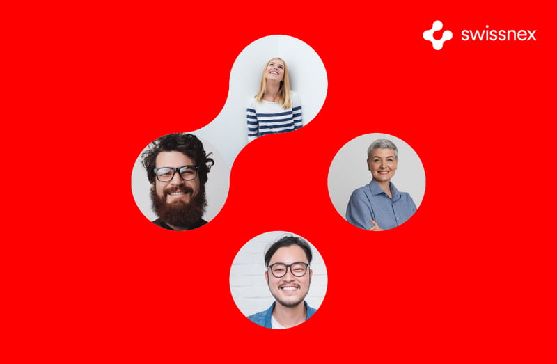 Red background with white logo featuring four people's photos